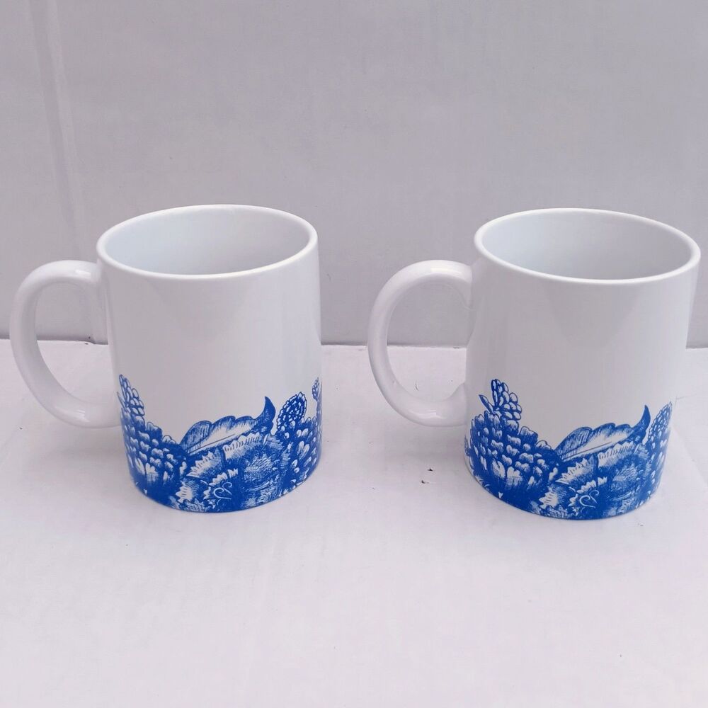 Biltmore Estate Chateau Porcelain Coffee Mugs-Lot Of 2-Floral-10 oz-Blue & White